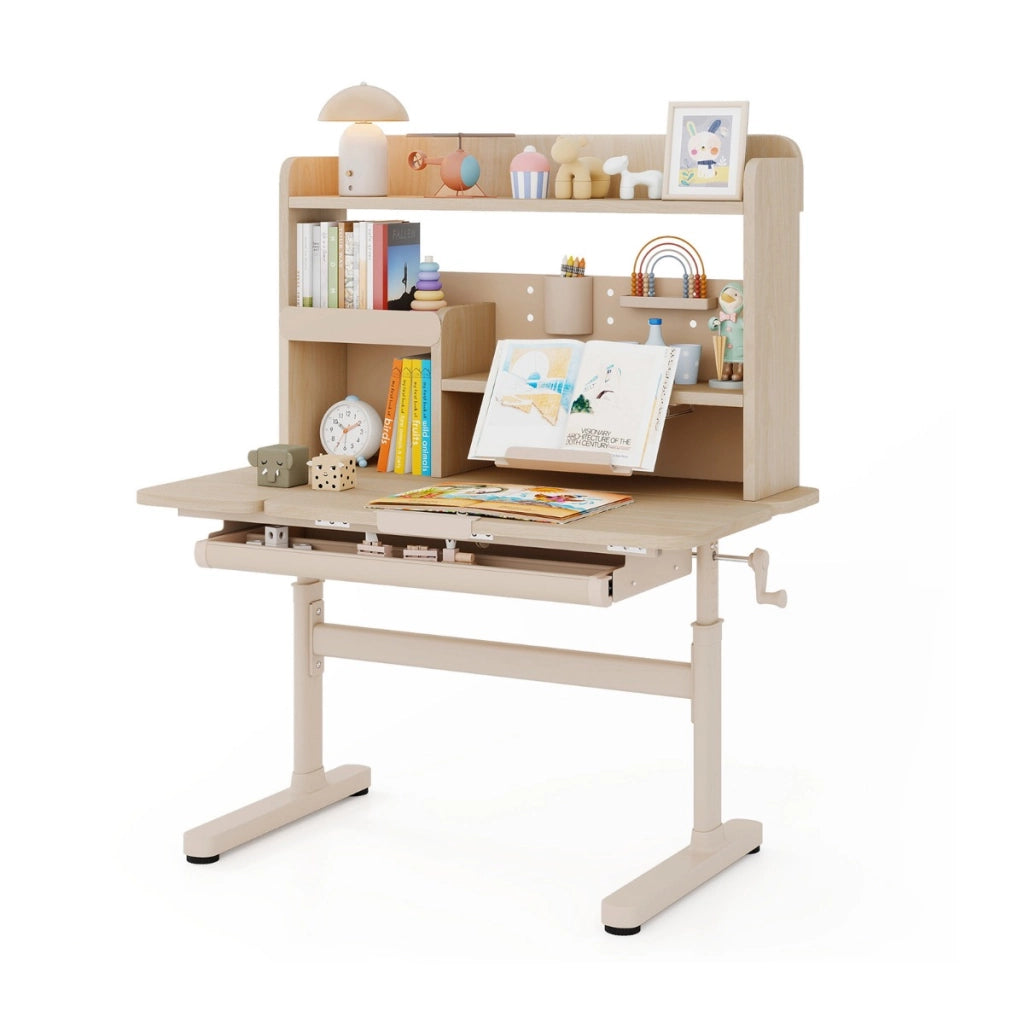 Tavolo da studio regolabile in altezza con piano inclinabile mensole, Scrivania per bambini con libreria e cassetto Naturale-Tavoli e sedie