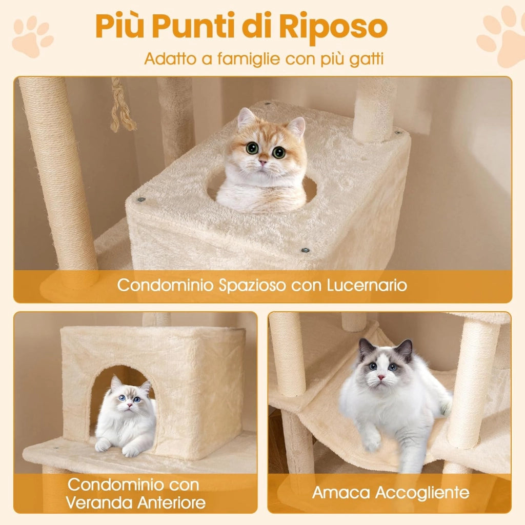 Albero per Gatti da Interno Alto 205 cm, Tiragraffi per Gattini con 2 Condomini, 2 Postazioni Soffici, Tiragraffi & Corda, Giochi Pendenti, Amaca e Piattaforme per Salti, Mobile per Gatti