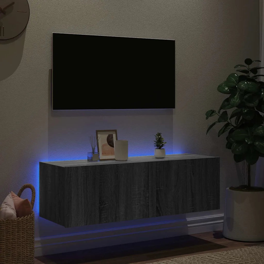 Mobile TV a Parete con Luci LED Grigio Sonoma 100x35x31 cm