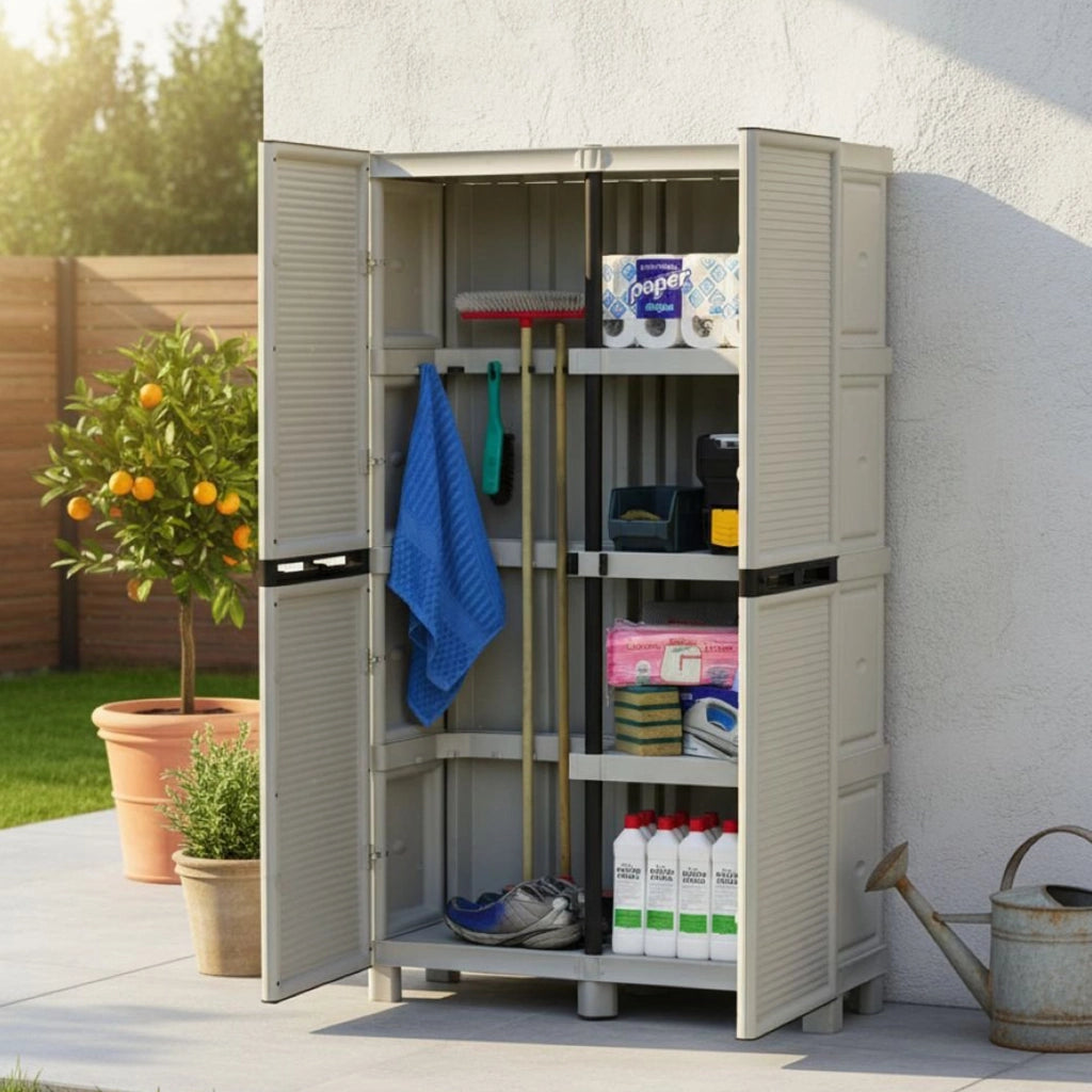 Armadio portascope da esterno o Achae, Mobile a 2 ante e 3 ripiani in polipropilene, 100% Made in Italy, cm 100x39h172, colore Grigio chiaro