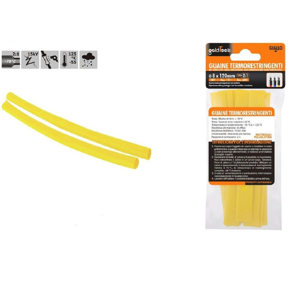 Trade Shop - Set 10pz Guaine Termorestringenti Termoretrattili Gialle 8x120 Mm Per Cavi 57089 -