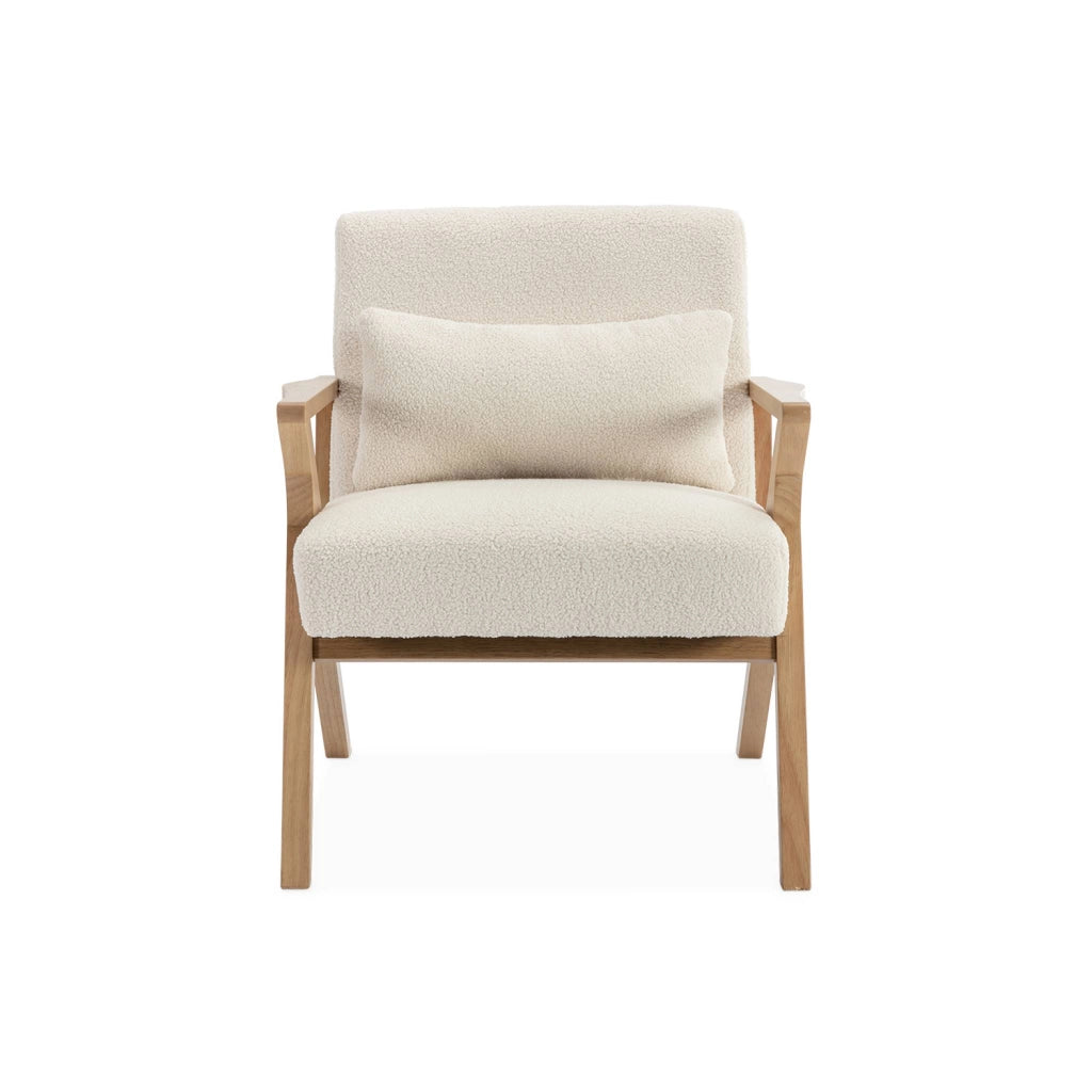 Poltrona scandinava in legno di hevea e bouclé, bianco