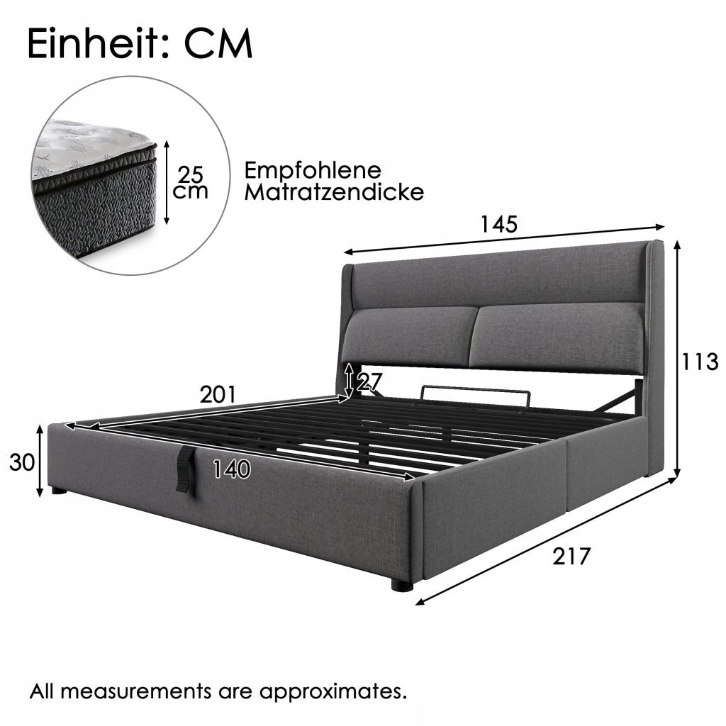 Letto imbottito - Xylo - 140x200 - Grigio - Stelaio idraulico