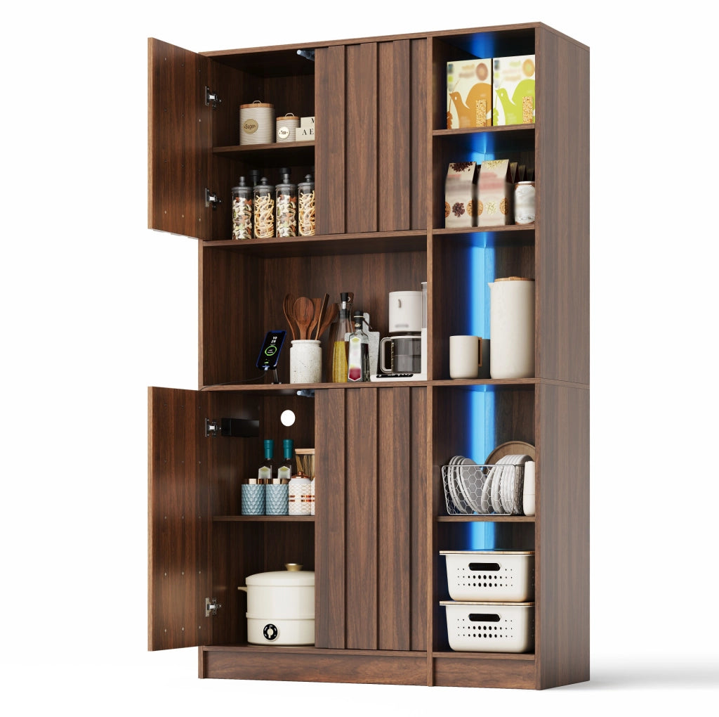 Credenza alta multifunzionale 105x40x180 cm in MDF colore noce con LED RGB e prese integrate