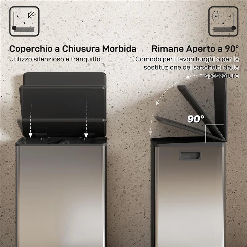 PATTUMIERA A PEDALE CON 2 SCOMPARTI DA 30L, COPERCHIO AMMORTIZZATO E SECCHI RIMOVIBILI, ACCIAIO INOX, ARGENTO