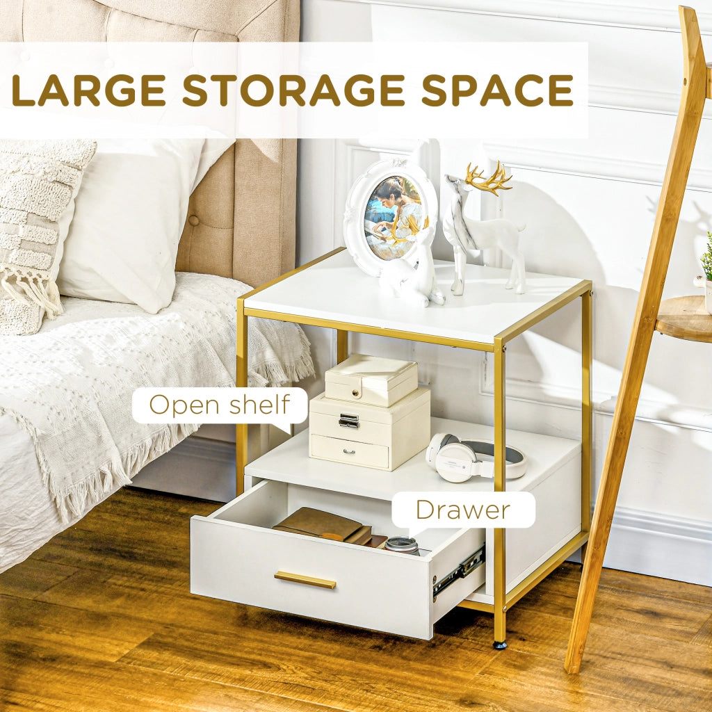 EasyComfort Set di 2 Comodini Moderni con Cassetto e Ripiano Aperto, 50x40x55cm, Bianco e Oro