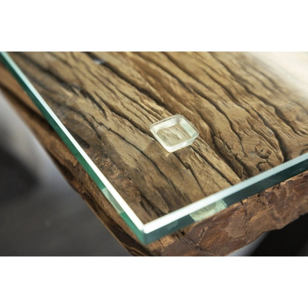 Tavolo da pranzo RAFTA 220 cm – Piano in legno massello di teak e vetro temperato – Gambe a X in metallo nero