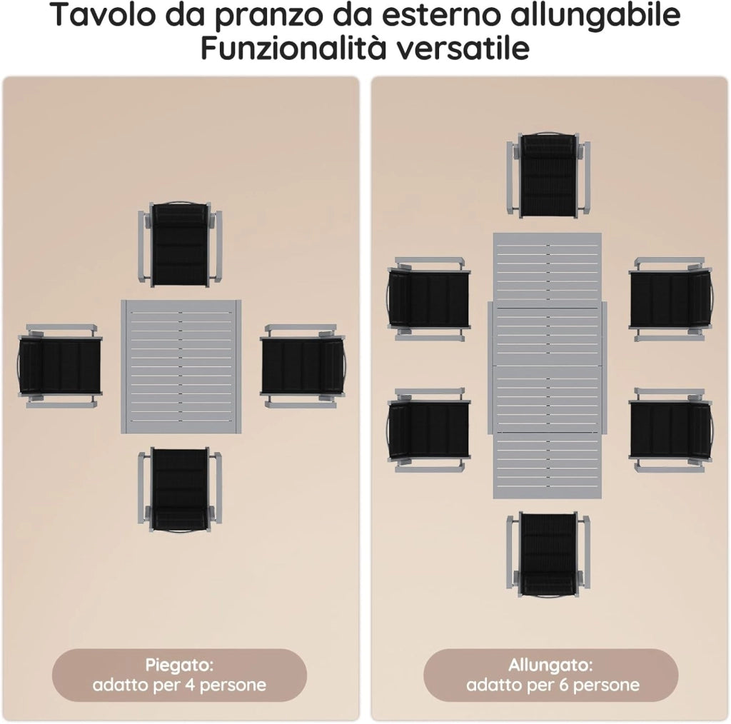 Tavolo da giardino, estensibile, 80/160 x 80 x 75 cm, tavolino allungabile in alluminio, per balcone, resistente alle intemperie, estensibile, tavolo da pranzo all'aperto, grigio Chiaro