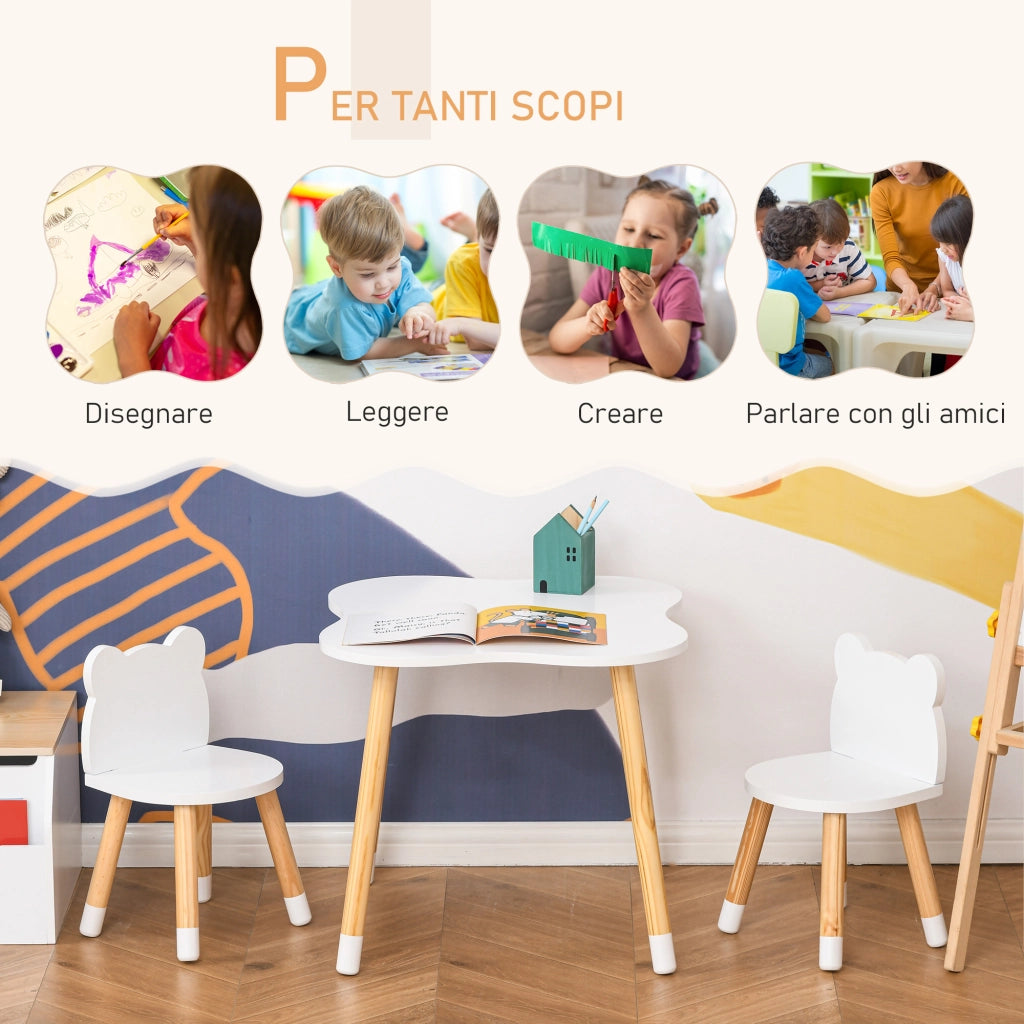 Tavolino per Bambini con 2 Sedie a Forma di Orsetto ¨C zephmum ¨C Legno, Bianco