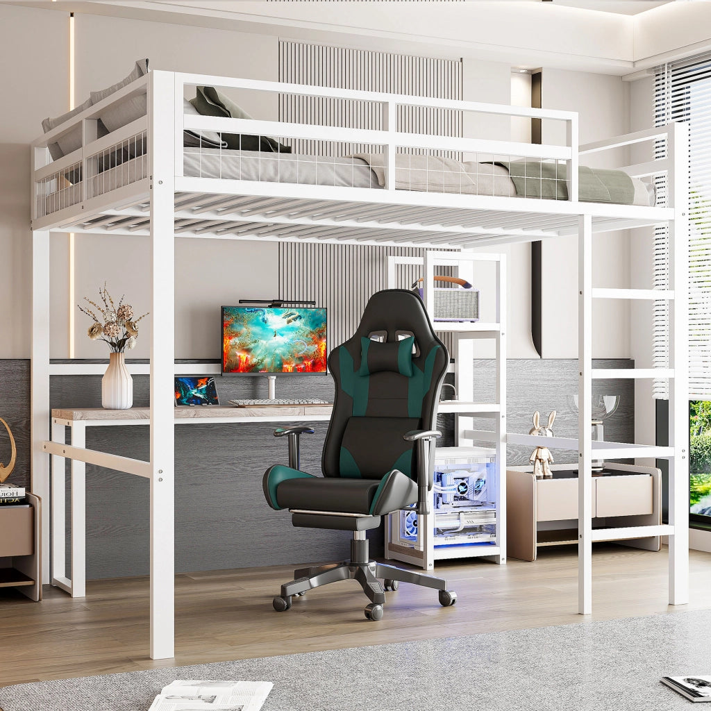 OKWISH Letto a soppalco 140×200 cm, Letto matrimoniale con Mensole, Scrivania, Prese, USB e Type C, senza Materasso, in Metallo, Bianco
