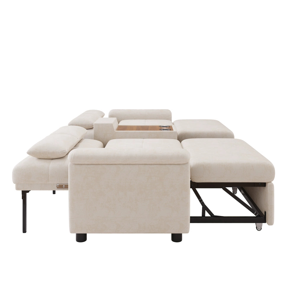 Divano a U letto con doppio modulo estraibile, schienale regolabile, area animali, portabicchieri in chenille beige