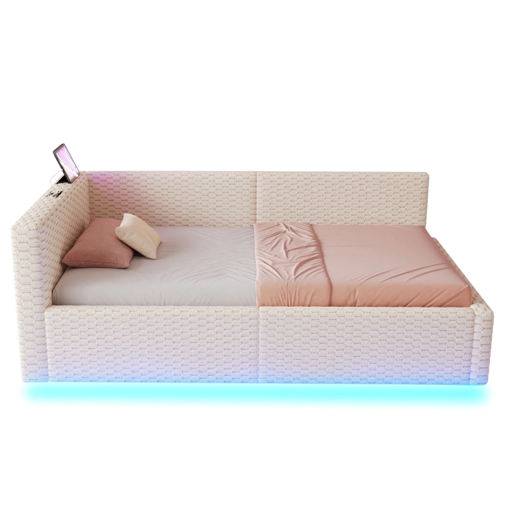 Letto imbottito 90 x 200 cm con LED, USB e vano contenitore