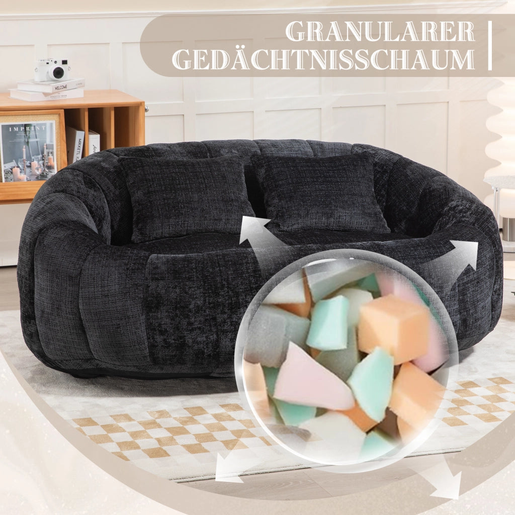 Divano Pouf 2 Posti con Braccioli e Schienale Alto; Poltrona Gaming da Pavimento in Memory Foam Confort; in Ciniglia Nero