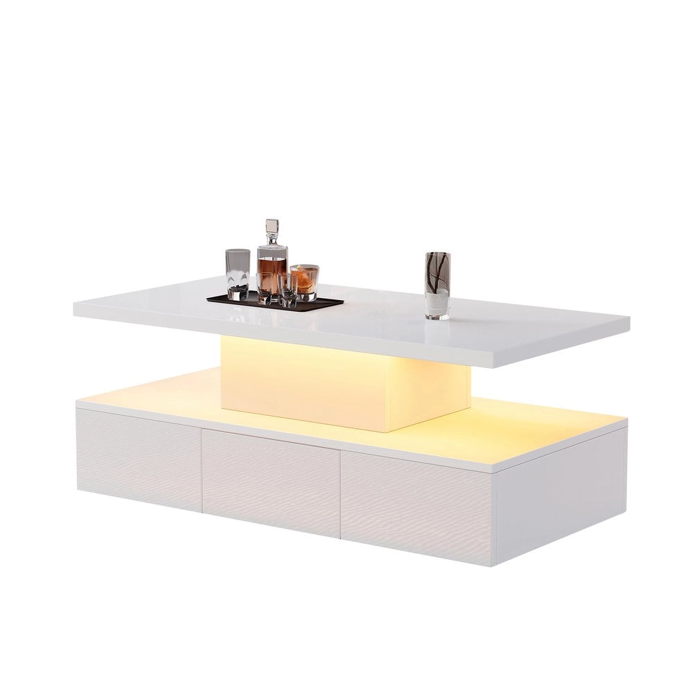 Tavolino da Caff¨¨ con LED 16 Colori e Cassetto ¨C MINIMAL ¨C Bianco Lucido, Rettangolare, 2 Ripiani