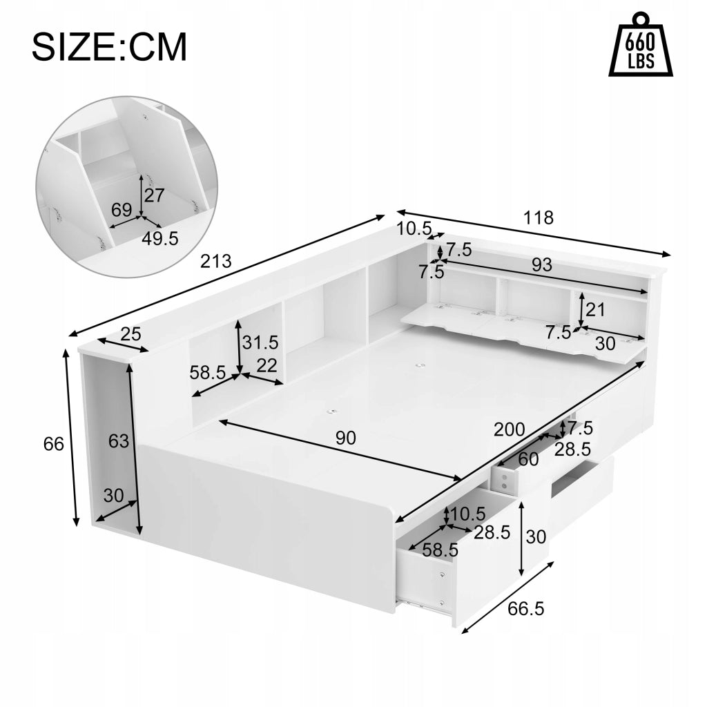Letto a castello per bambini 90x200cm - Xylo - Bianco, con cassetti e scaffale