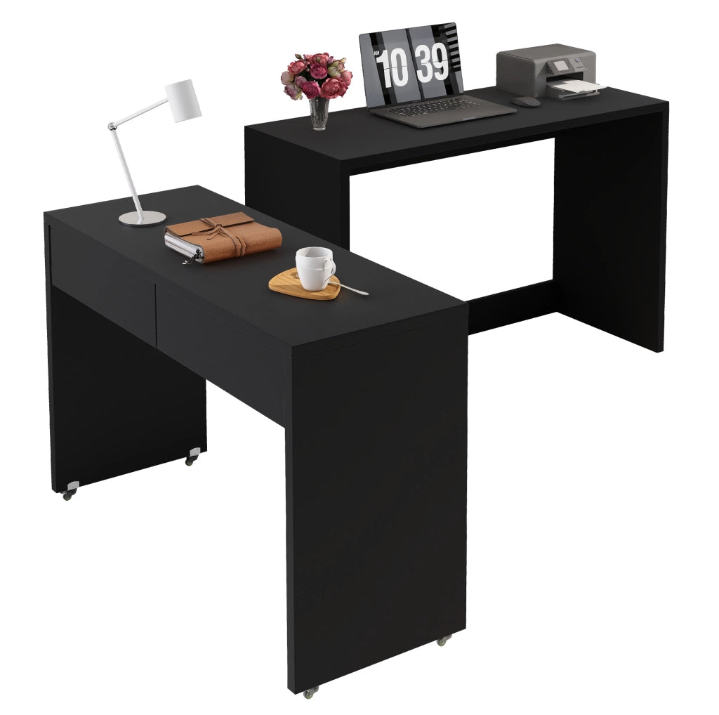 Scrivania 2-in-1 110x40x78 cm pieghevole con ruote in truciolato nero