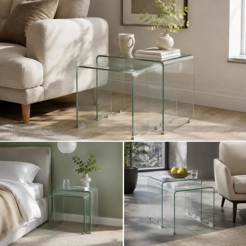 Two-piece Nesting Table Set Made Of Tempered Glass Transparent