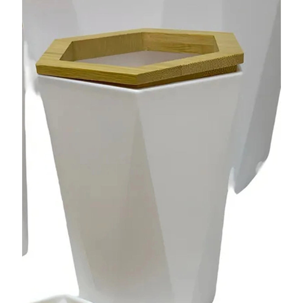 Trade Shop - Bicchiere Porta Spazzolini A Cilindro Esagonale Geometrico Bianco Legno Da Bagno 10837 -