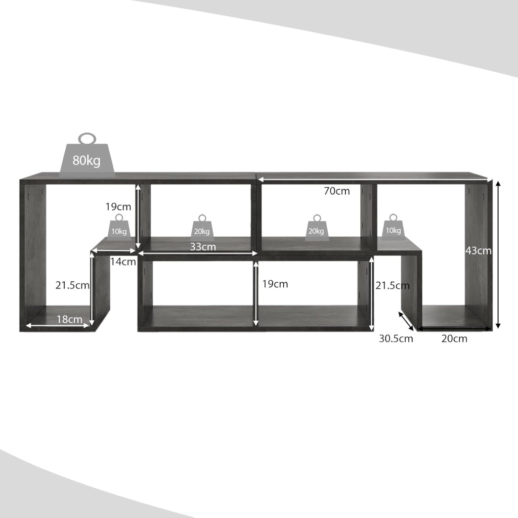 Mobile Porta TV Combinabile con Ripiani Aperti, per TV Fino a 65 Pollici, Mobile TV di Legno per Camera da Letto, Soggiorno, Capacità di Carico Massima 80 kg, 134-180 x 30 x 43 cm (Grigio)