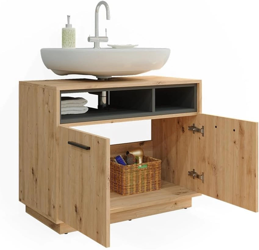 Mobile sottolavabo per bagno Beatrice, Rovere artigianale/antracite, 80 x 64 cm, con ritaglio per sifone e ripiani aperti