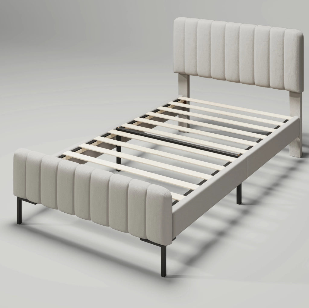 Letto imbottito 90x200 cm; testiera regolabile; lino; grigio beige; (Senza materasso)