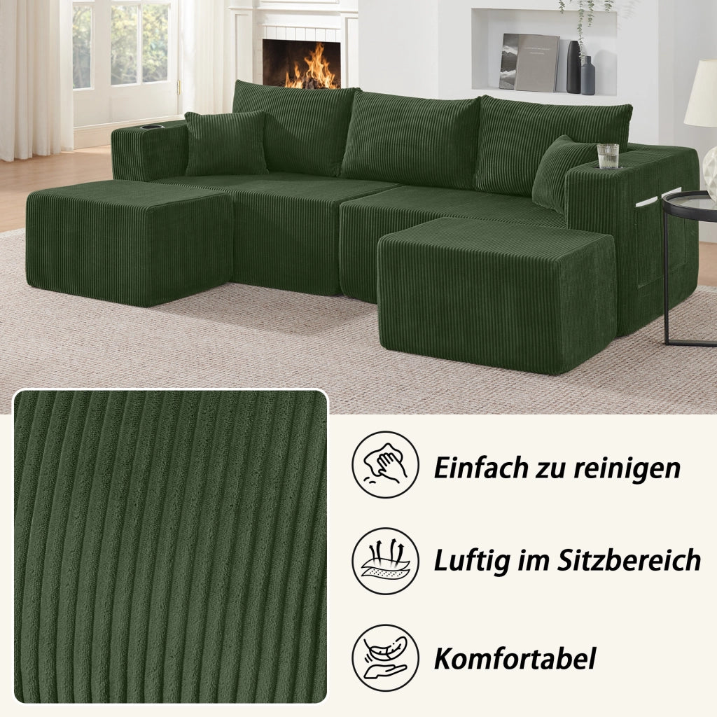 Divano angolare modulare 3 posti con pouf mobili portabicchieri tasche laterali e cuscini in velluto a coste verde