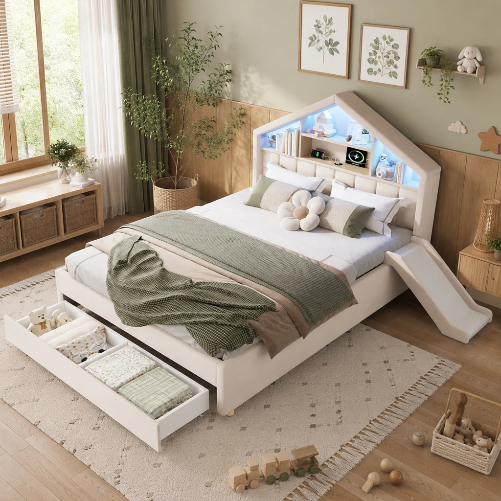 Letto per bambini imbottito con scivolo e LED, 140x200 cm, beige