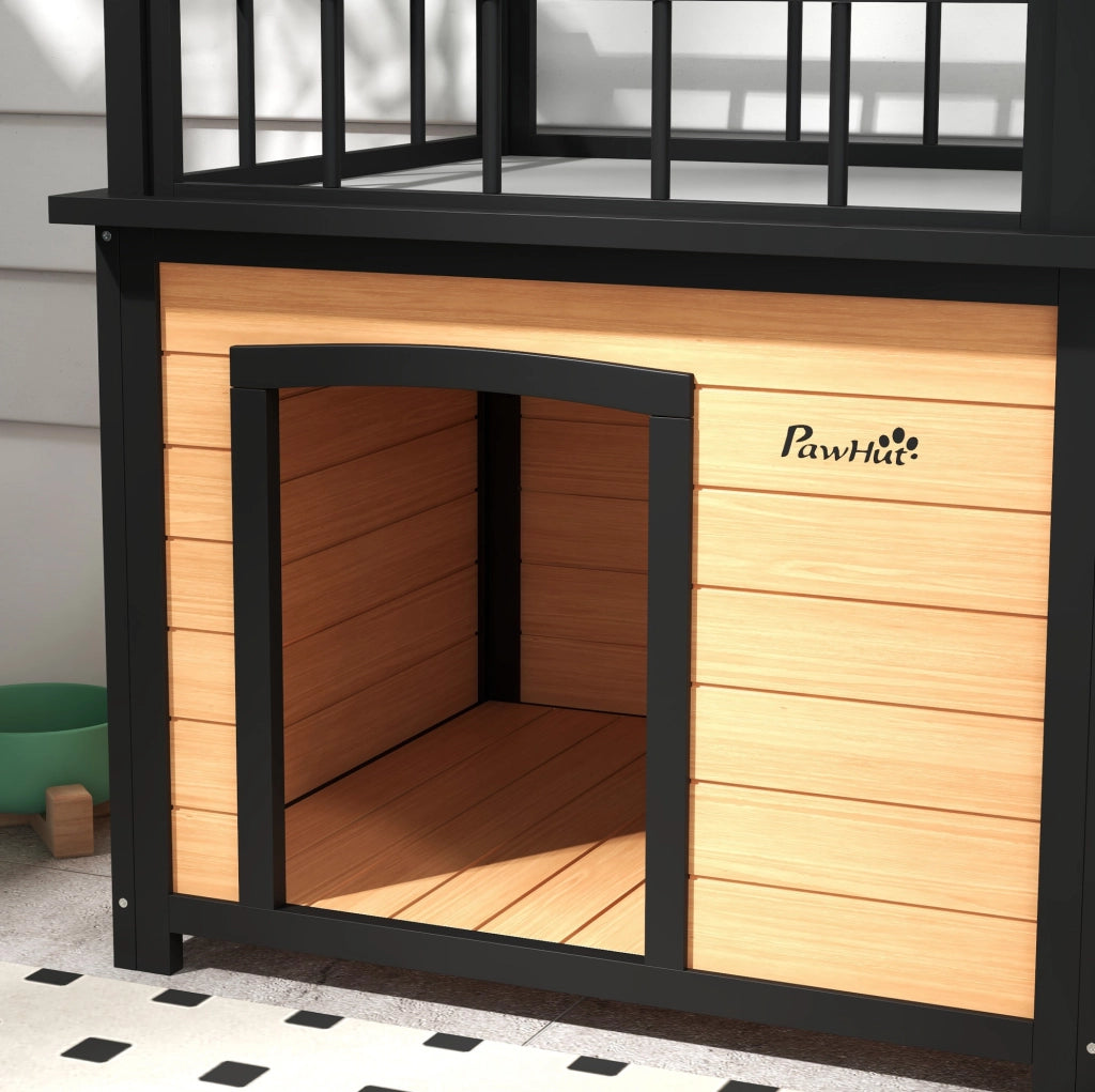 Cuccia per cani in legno di abete massello con terrazza e scala; gialla; 121x77x78 cm