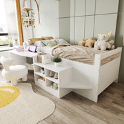 Letto multifunzionale 90x200 cm con scrivania, vani contenitore e prese