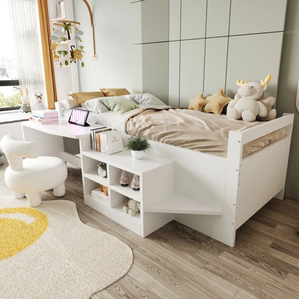 Letto multifunzionale 90x200 cm con scrivania, vani contenitore e prese