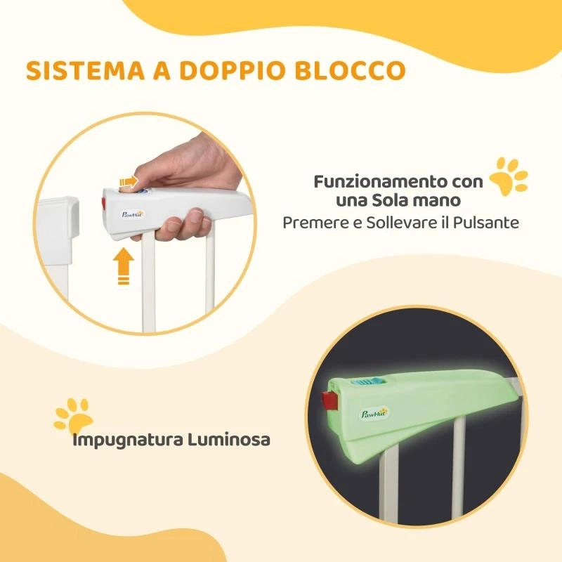 CANCELLETTO PER CANI TAGLIA PICCOLA E MEDIA CON DOPPIA SERRATURA E CHIUSURA AUTOMATICA, 76-103X4.2X77 CM, BIANCO