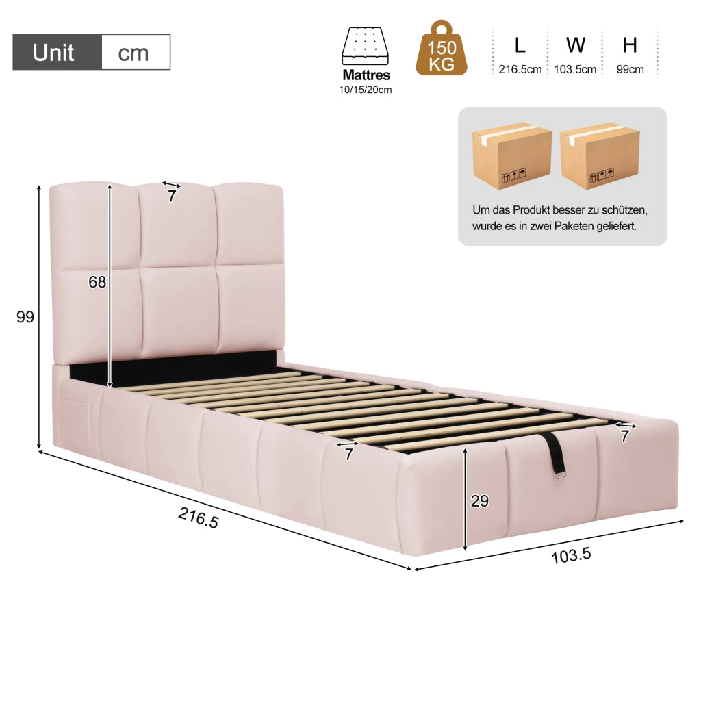 Letto imbottito idraulico con porta USB 90x200 cm velluto rosa