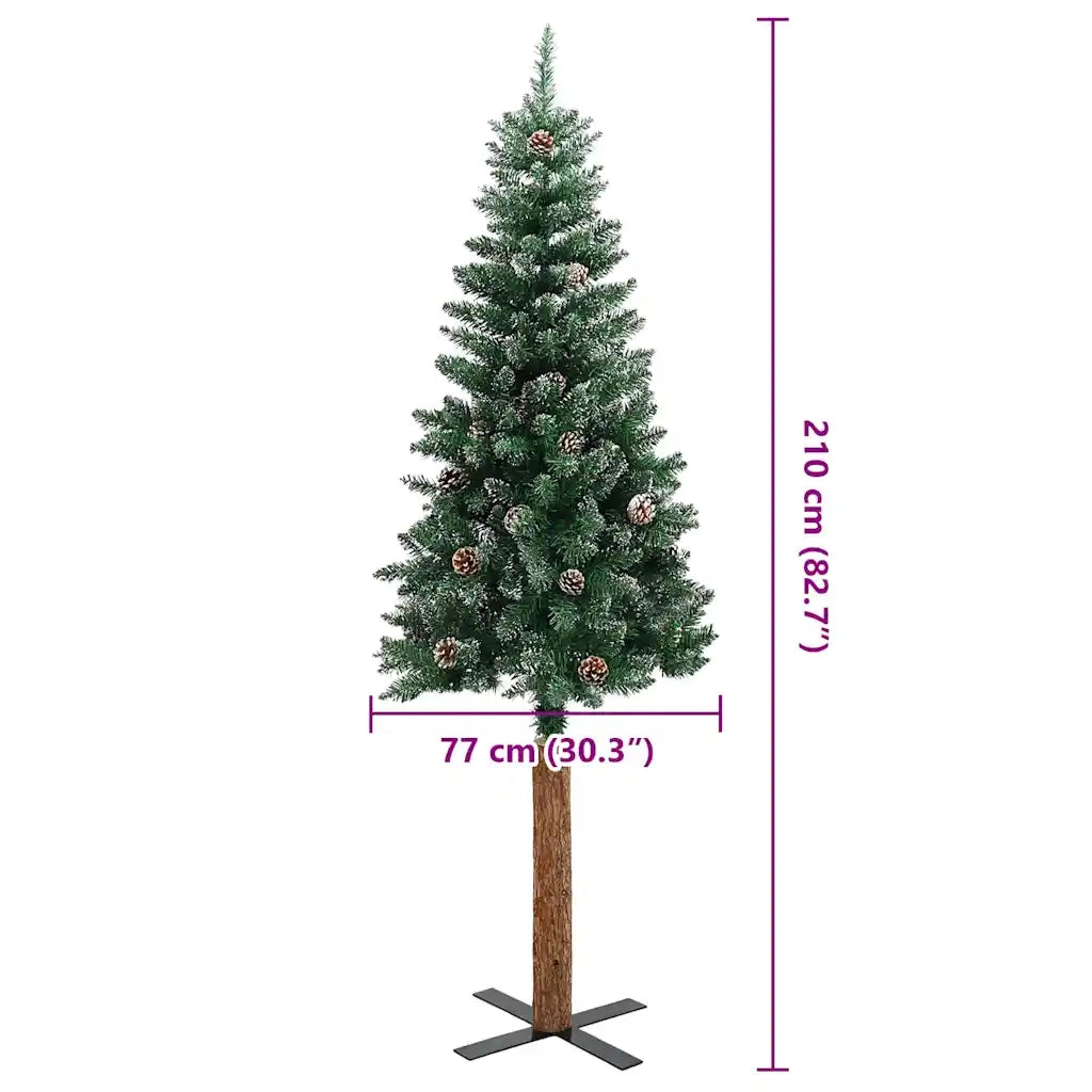 Albero di Natale Sottile Legno Vero Verde con Neve Bianca 210cm