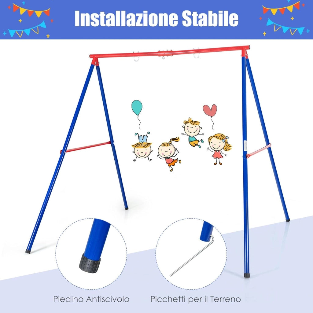 Struttura di Metallo per Altalena, Struttura ad A Resistente per Altalena, con Paletti e 2 Modi per Appenderla, Capacità di Peso 200kg, Ideale per Attività Interne ed Esterne (Blu e Rosso)