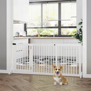 Barriera estensibile a forbice con porta integrata a 3 pannelli in legno di pino bianco 113-166 × 36 × 71 cm