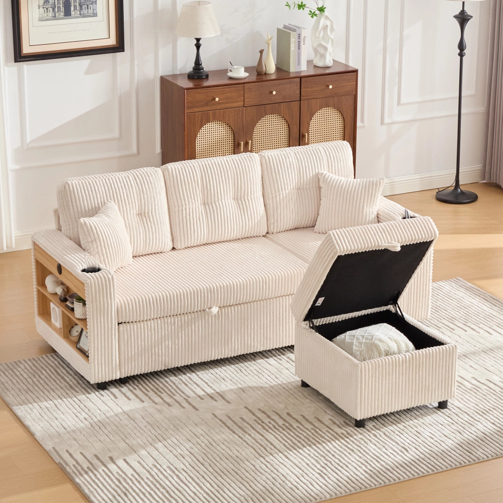 Divano in corduroy con contenitore; letto estraibile e USB-C; beige 196 cm