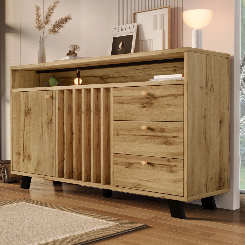 OKWISH Credenza Vintage con 2 Ante 3 Cassetti e Vano Aperto Ripiano Regolabile per Soggiorno Ingresso 120 x 40 x 85 cm