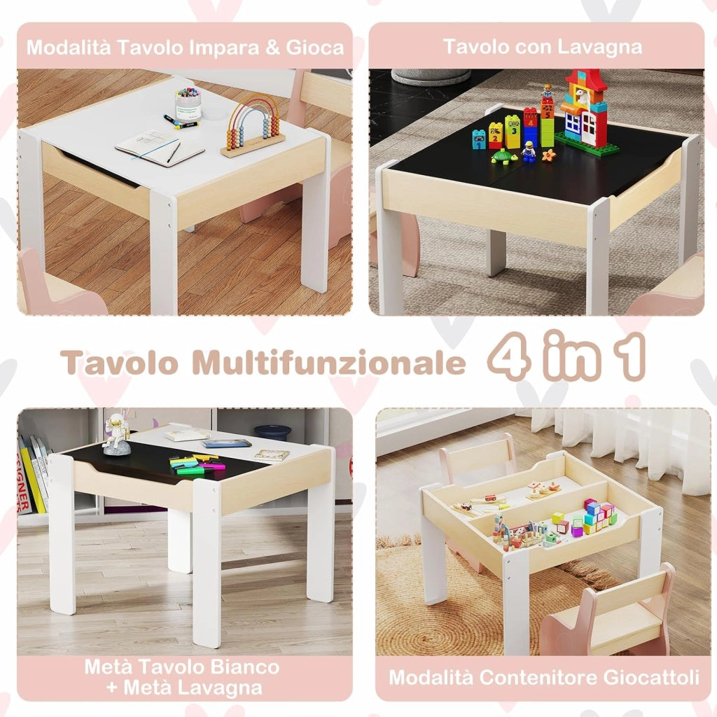 3 in 1 Set Tavolo e Sedie per Bambini, Tavolo da Attività per Bambini con 2 Sedie, Lavagna Rimovibile e Deposito, per Giocare, Disegnare e Leggere, in Legno (Rosa)