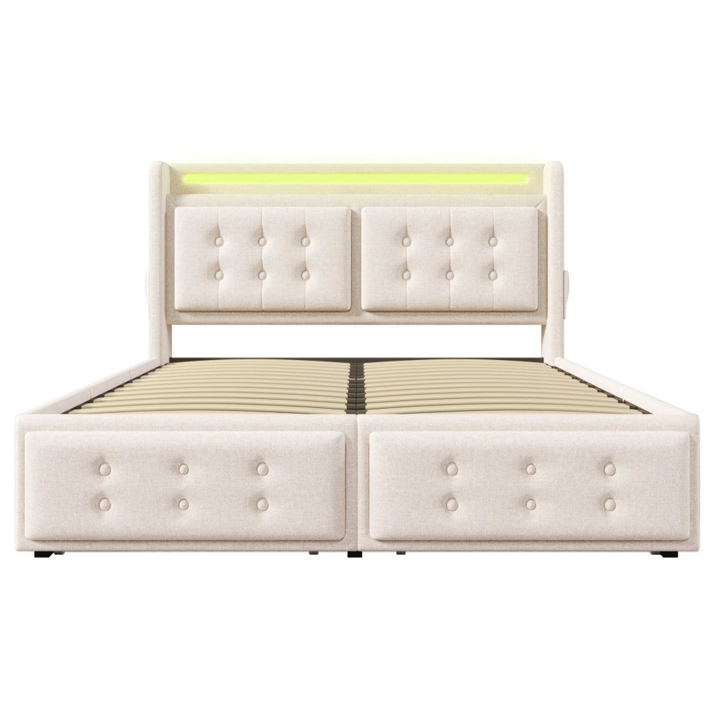Letto imbottito ULEVR 140x200 cm con materasso, LED, 2 prese, USB, Type-C e 4 cassetti, beige