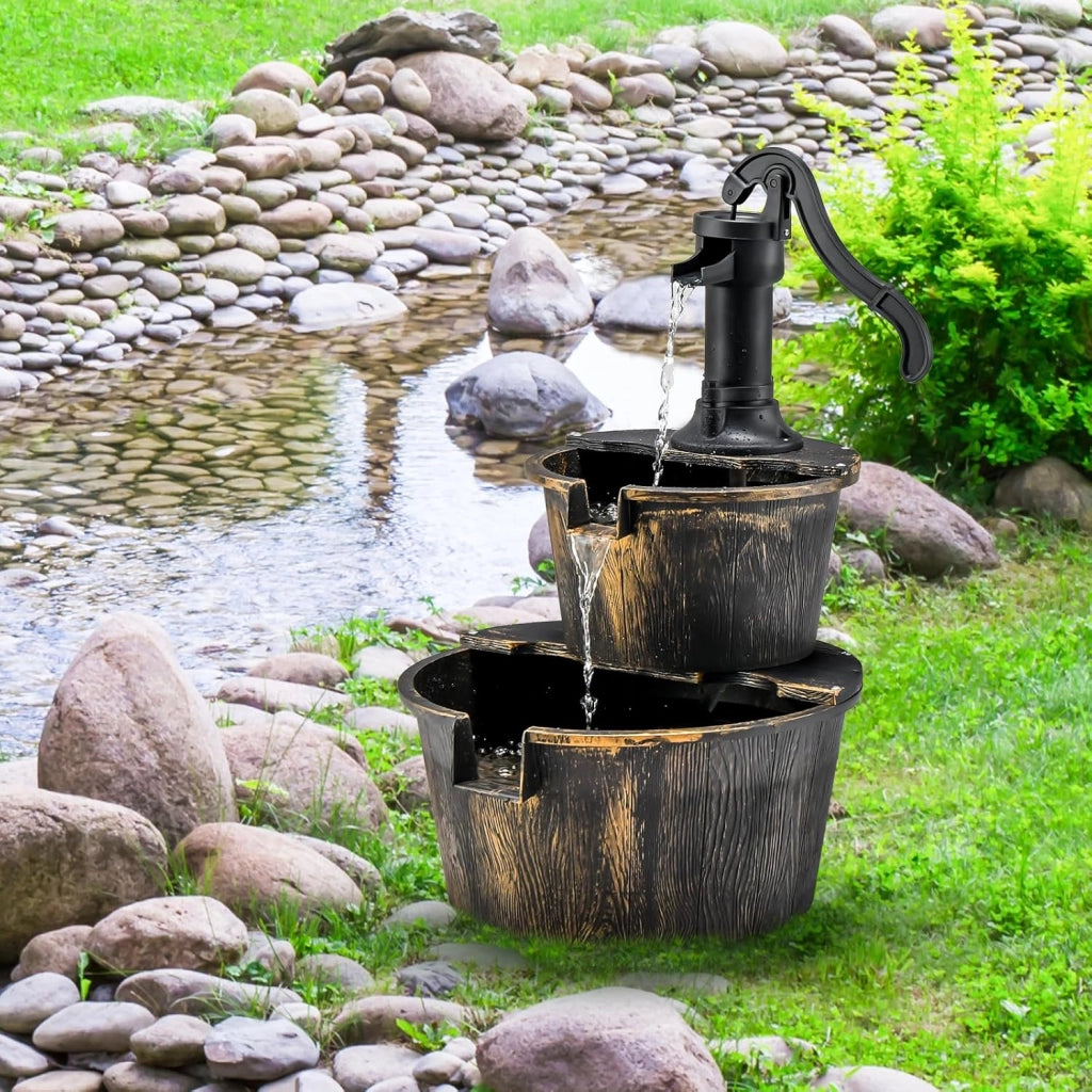 Fontana Giardino a 2 Livelli, Fontana Acqua con Pompa Acqua Elettrica e Flusso Acqua Regolabile, Materiale PP Impermeabile, Decorazione Giardino per Esterni, Balcone, Terrazza