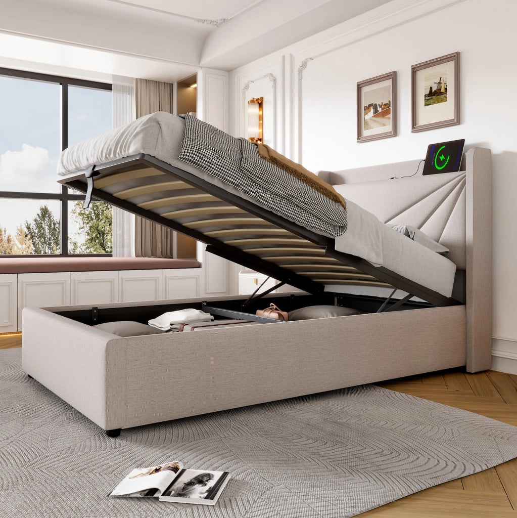 Letto singolo con contenitore 90x200 cm in cotone lino beige; testiera con USB e Tipo C