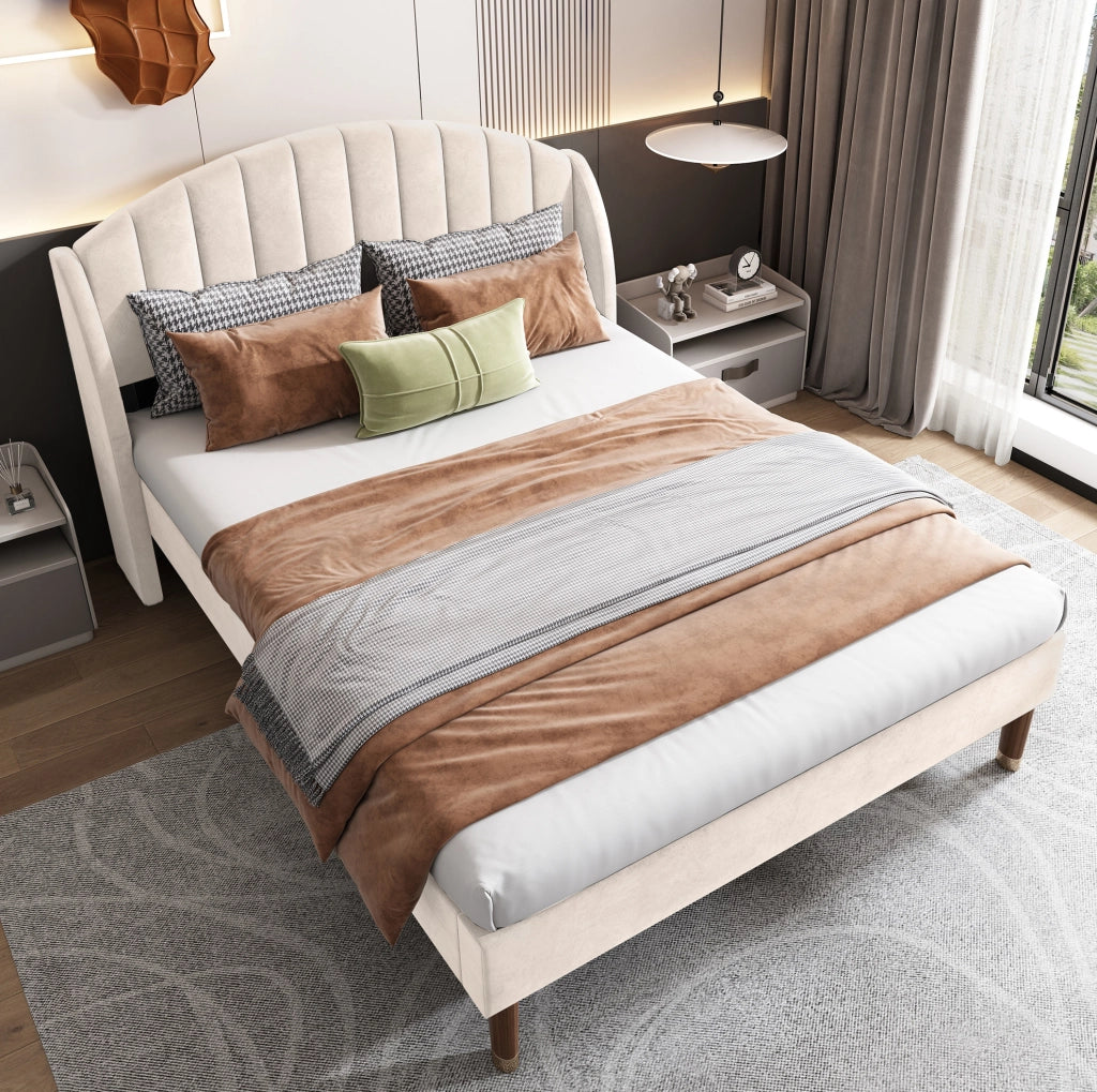 Letto imbottito 140x190 cm con sommier a doghe; testiera e rivestimento in velluto beige