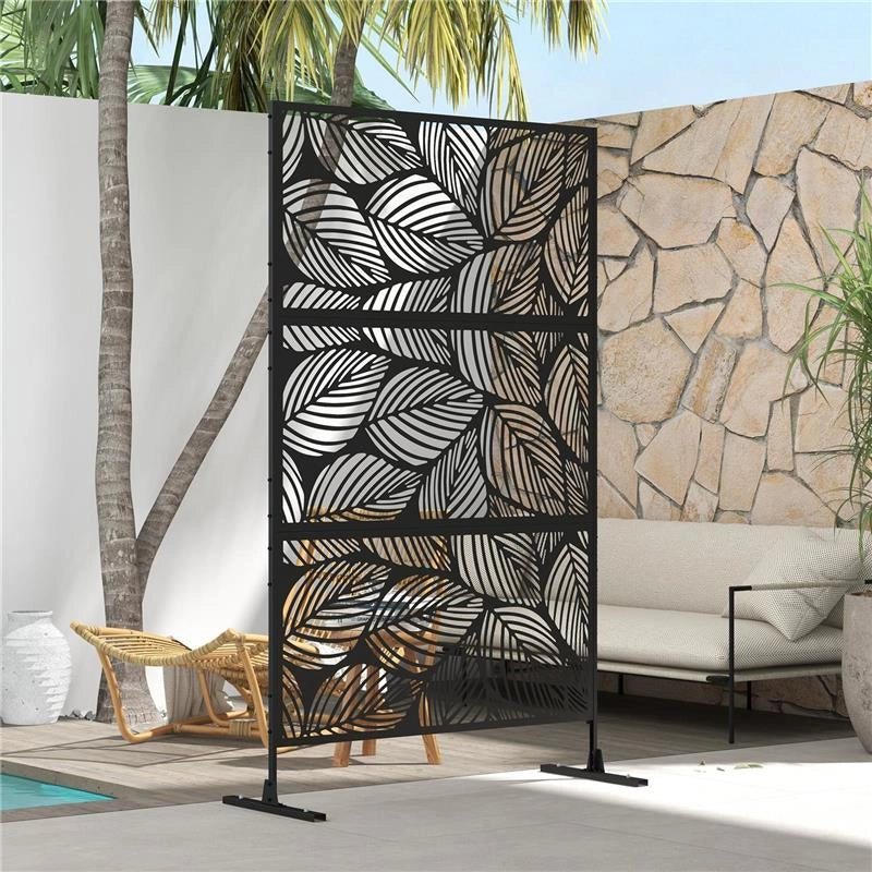 PARAVENTO DA ESTERNO DECORATIVO IN ACCIAIO TRAFORATO CON DESIGN A FOGLIE, 122X198CM, NERO