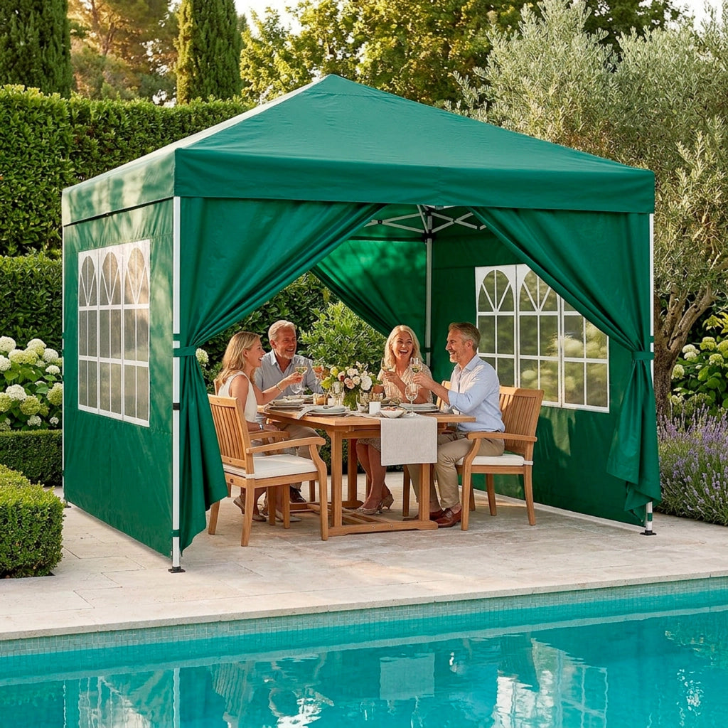 Gazebo Pieghevole Per Giardino Con Teli Laterali Finestre Trasparenti Chiusura Pop Up Copertura Impermeabile UV50+ Telaio In Acciaio Per Eventi Outdoor 3 x 3 x 2.59 m Verde