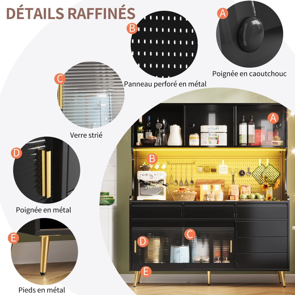 Madia Alta con 2 Ante Scorrevoli; 1 Cassetto e LED per Cucina o Sala da Pranzo in MDF 145×39×171 cm Nero