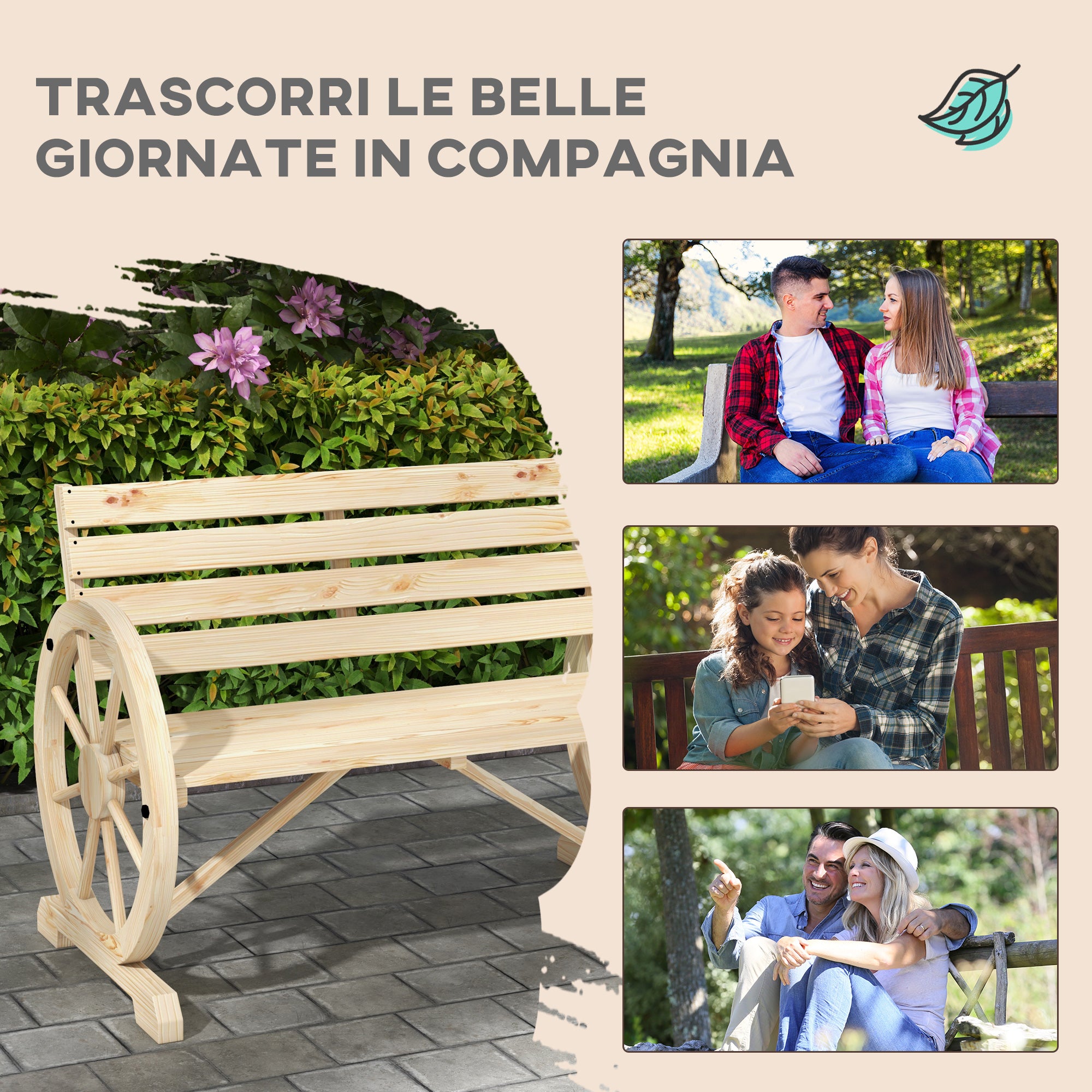Panchina da Giardino 2 Posti 105,5x56x79 cm con Braccioli a Ruota di Carro in Legno a Doghe