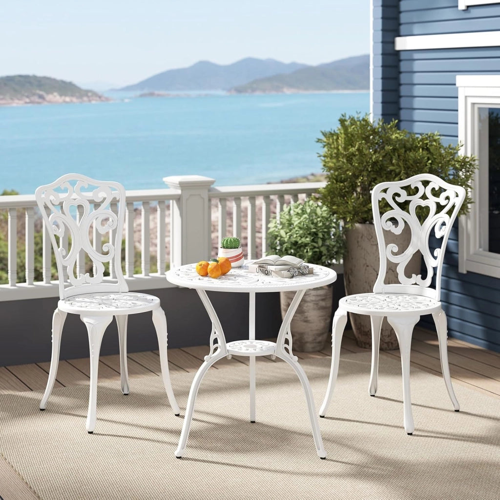 Set Tavolo da Bistrot in Fusione di Alluminio Set da 3 Pezzi Tavolino con 2 Sedie per Giardino Balcone Bordo Piscina, Colore Verde Bronzo/Bianco (Bianco)