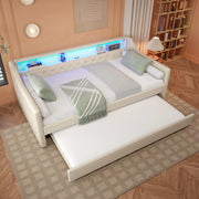 OKWISH Letto a Divano 90×200 cm, Letto Singolo con LED Regolabile, USB, Letto Estraibile 90×190 cm e Controllo App, senza Materasso, Beige