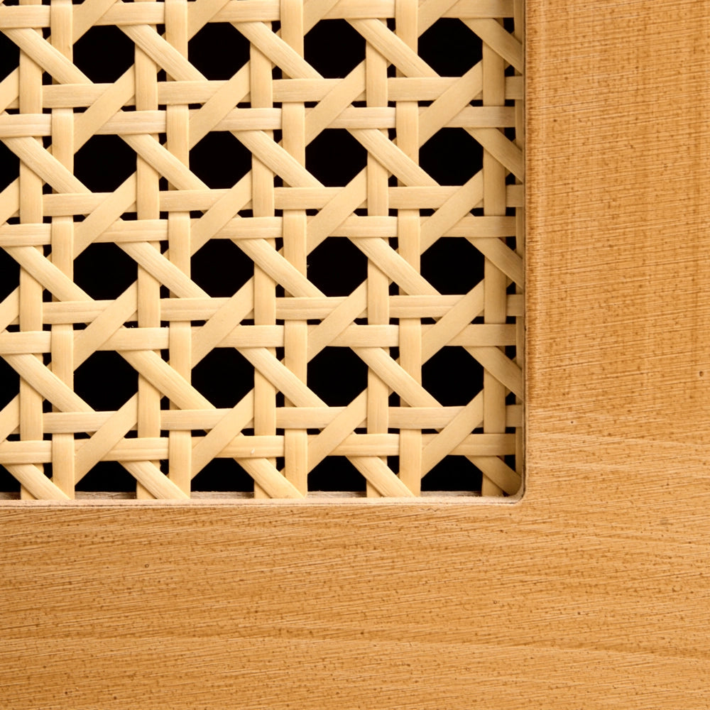 Comodino rattan sintetico fronte MDF impiallacciato treccia viennese marrone chiaro stile boho soggiorno camera da letto
