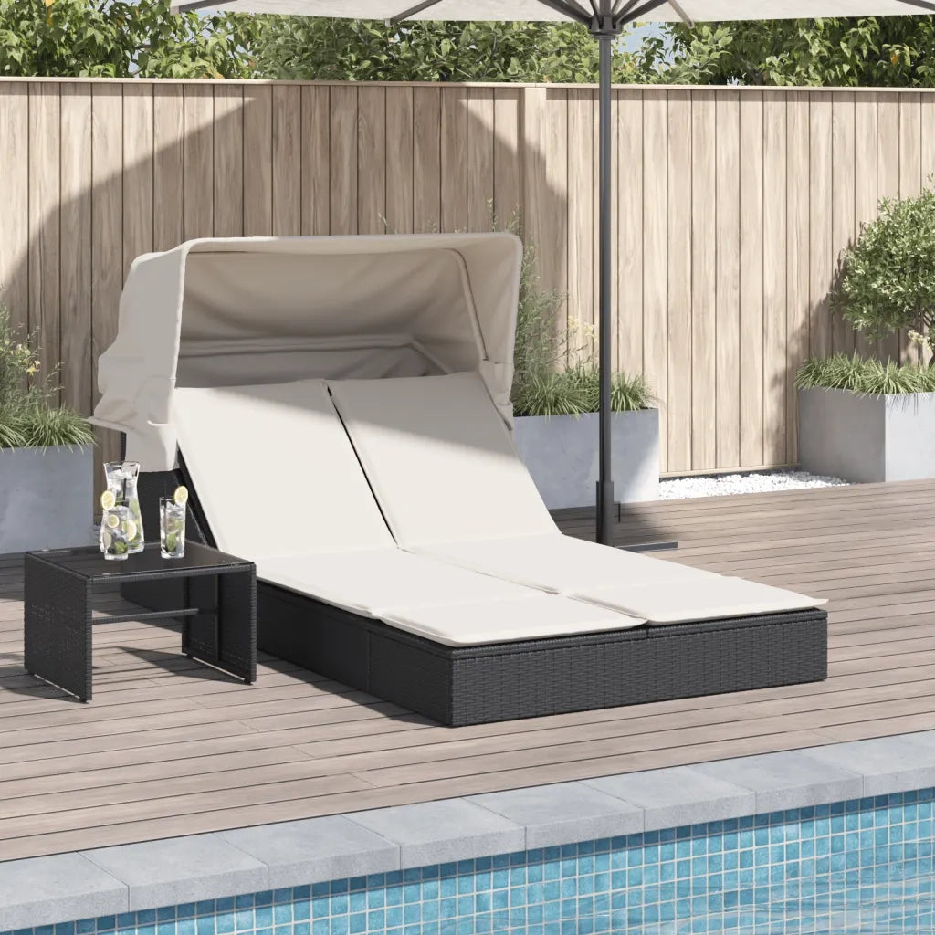 vidaXL Lettino Prendisole Doppio Baldacchino e Cuscini Nero Polyrattan